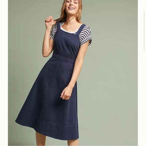 NWT Anthropologie Maeve Navy A-Line Flared Open Back Overall Midi Denim Dress 2P - Picture 2 of 11